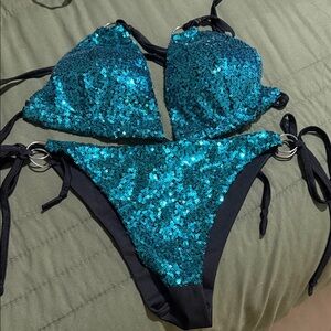 Sequin Teal Tie-Side Bikini Set - Women Swim Bikini